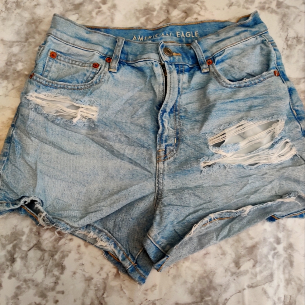 American Eagle Outfitters Women's Light Blue Distressed Denim Shorts